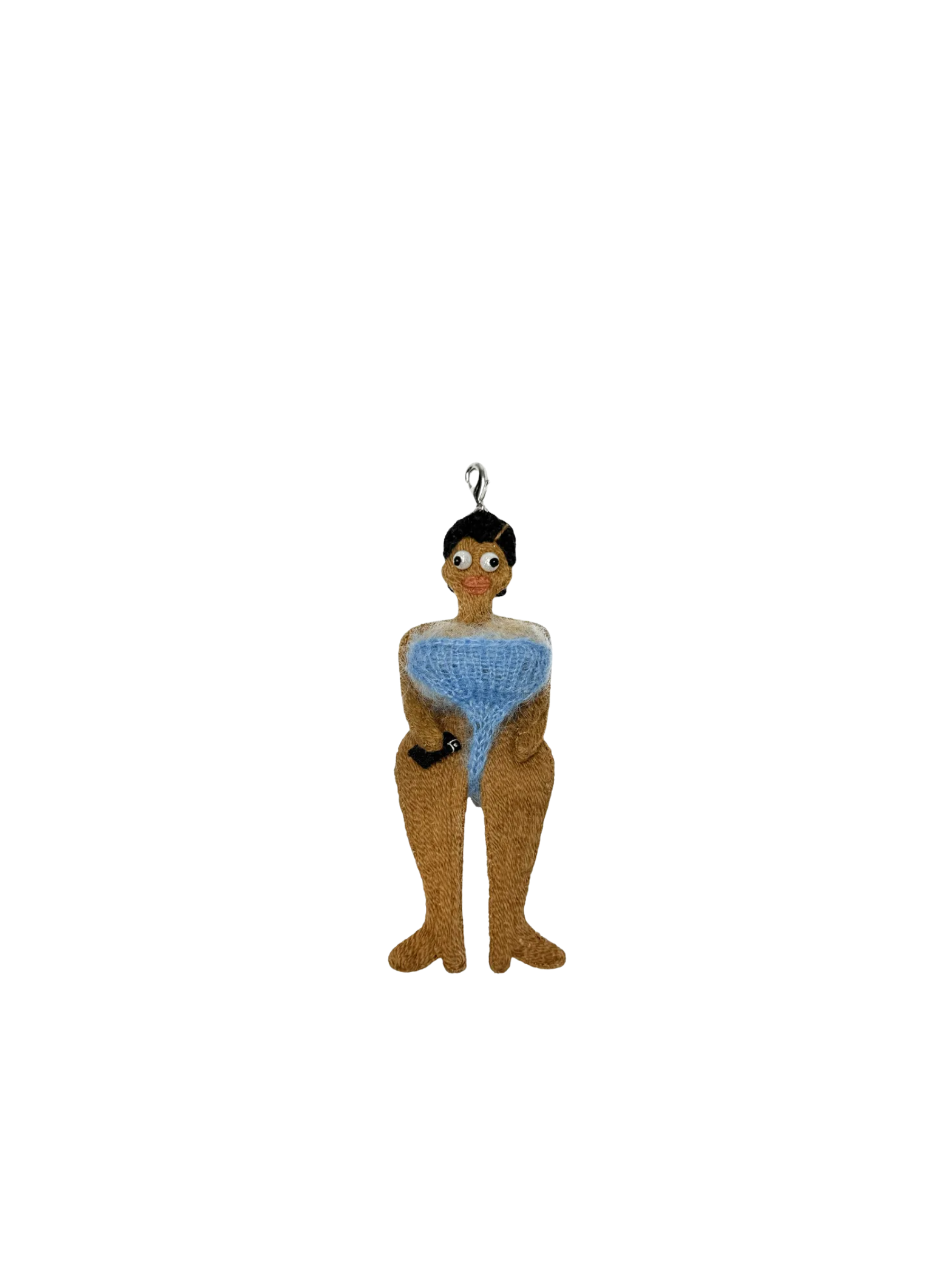 Blue Bibi handmade doll bag charm, front view