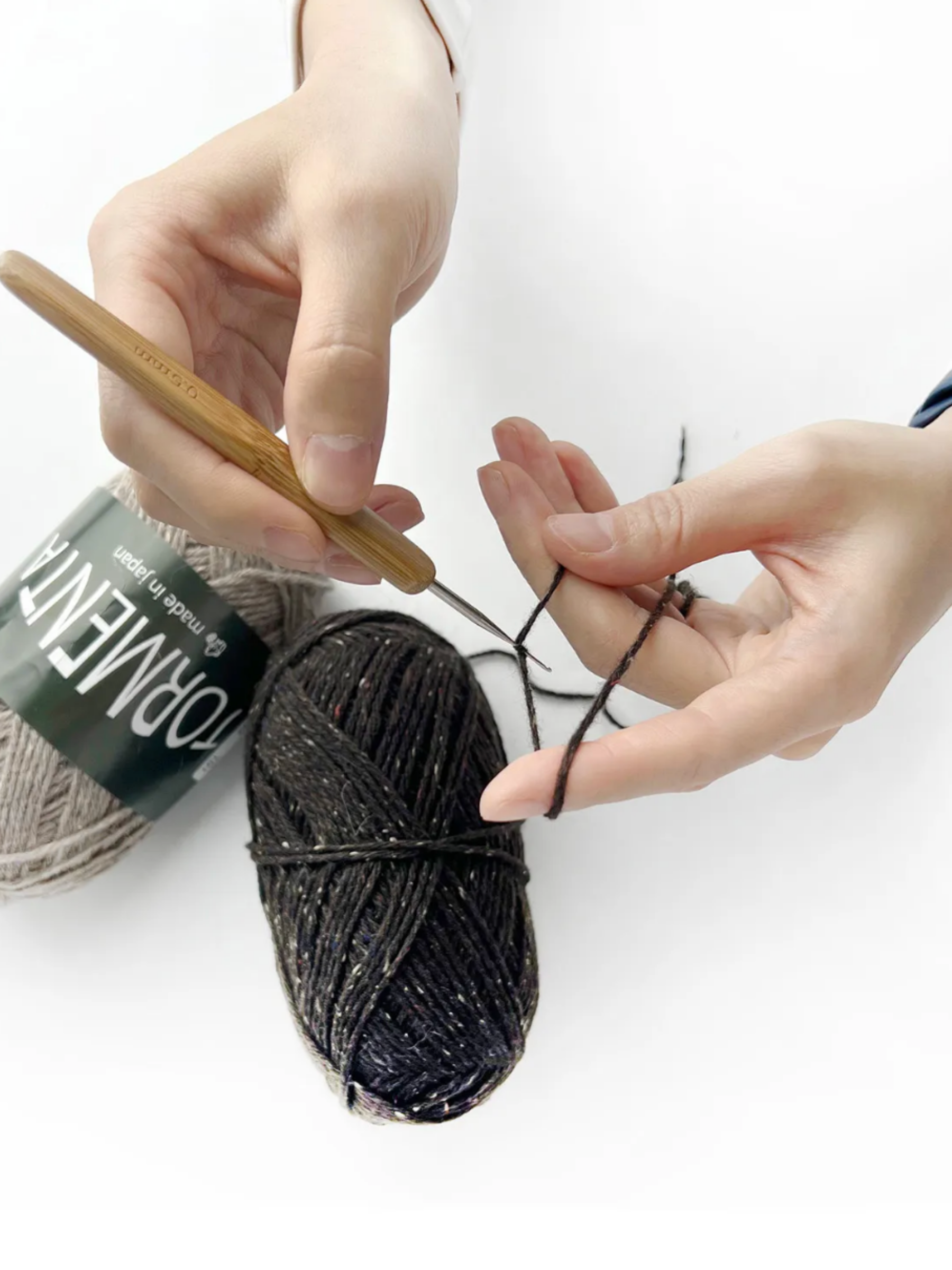 Handmade doll bag handle charm yarn and hardware detail