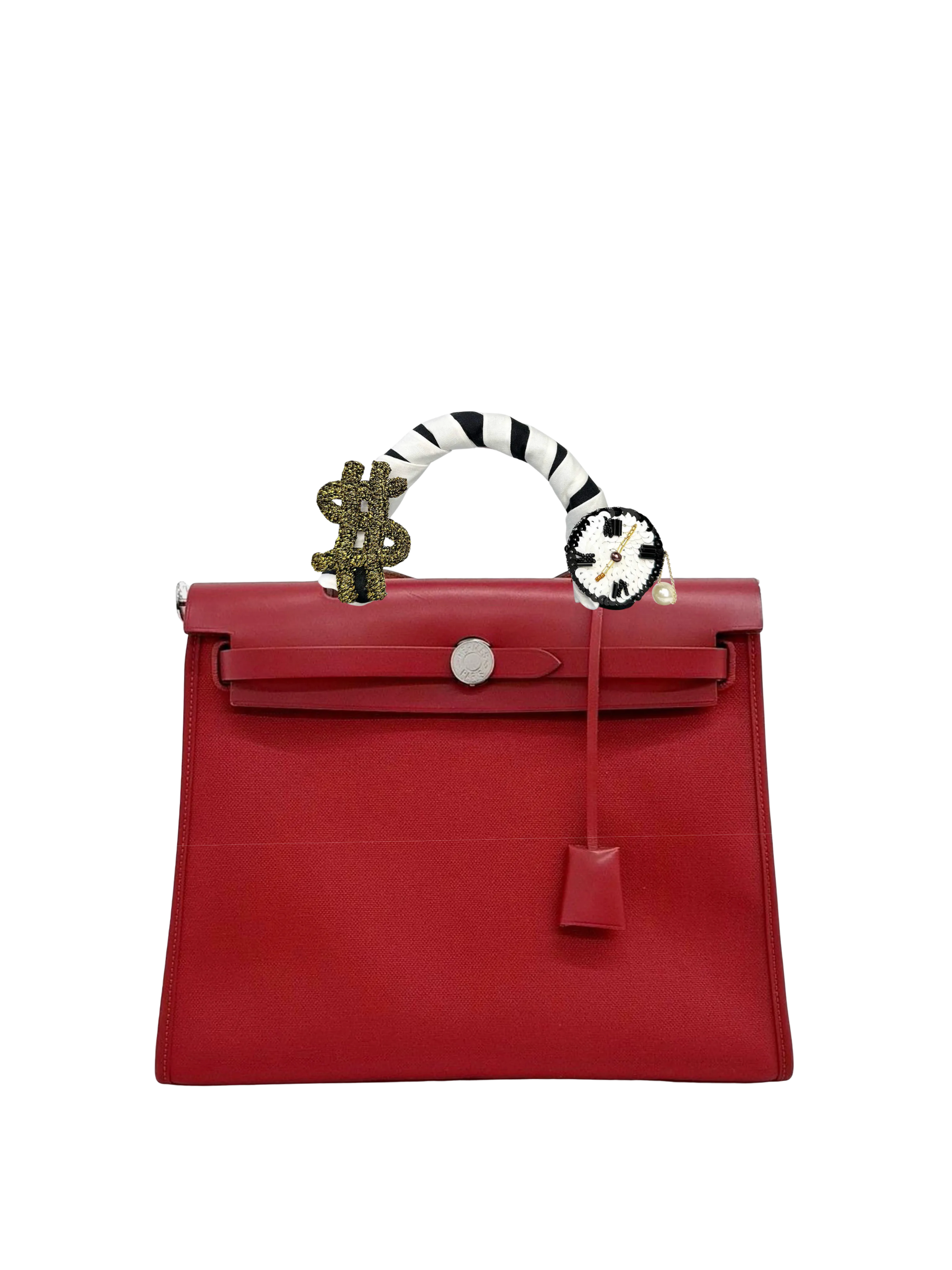 Time Money handmade charm worn on a bag
