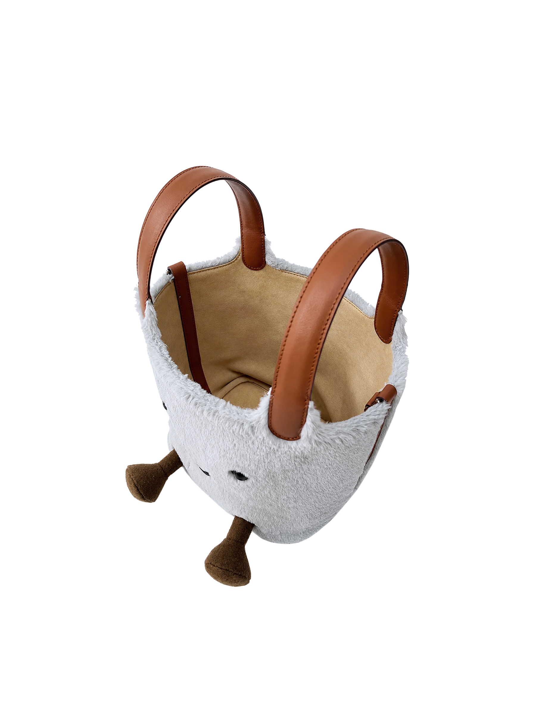 Jellykin 18 Faux Fur Calf Leather-Trim Bucket Bag in Mochi, interior view