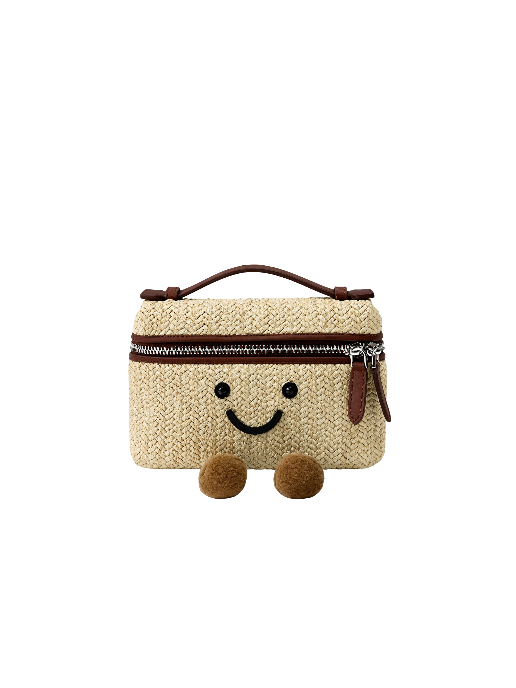 Jellykin 20 Woven Raffia Calf Leather-Trim Flat Vanity Bag in Mocha, front view