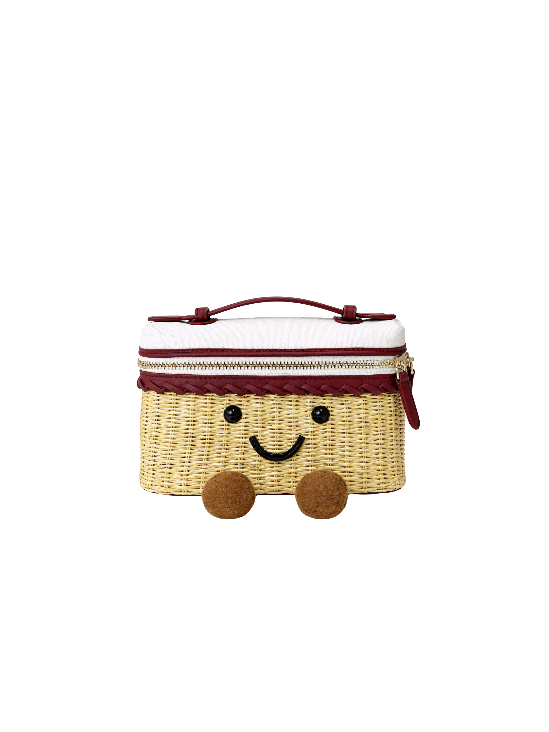 Jellykin 20 Woven Raffia Calf Leather-Trim Flat Vanity Bag in Wine — Front