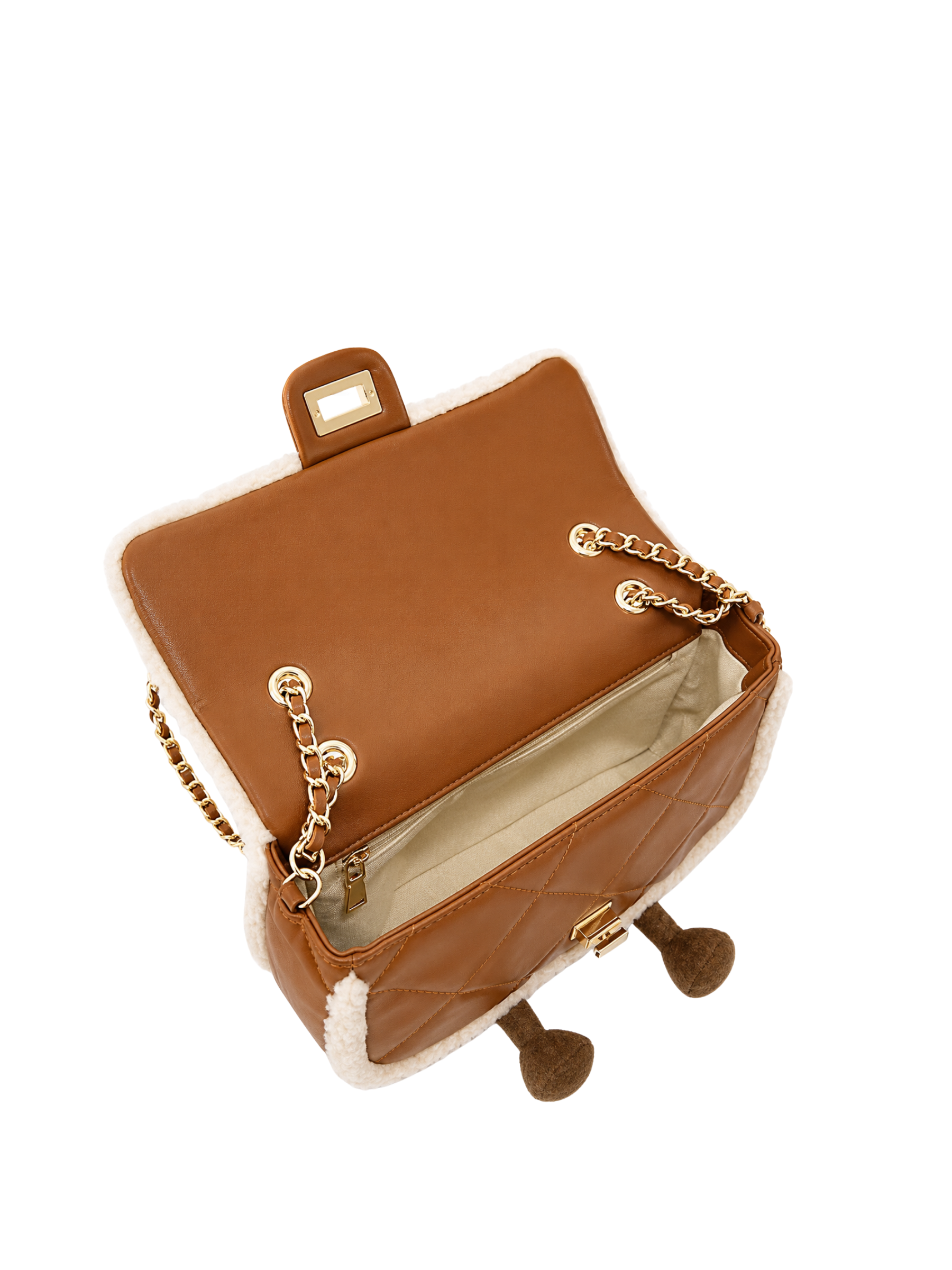 Jellykin 24 Teddy Faux Fur Calf Leather-Trim Flap Bag in Mocha — Inside