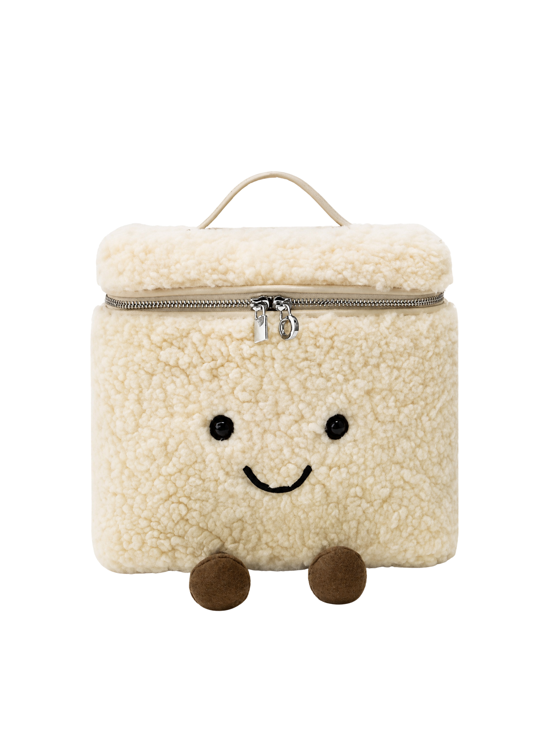 Jellykin 25 Teddy Faux Fur Calf Leather-Trim Vanity Bag in Cream — Front