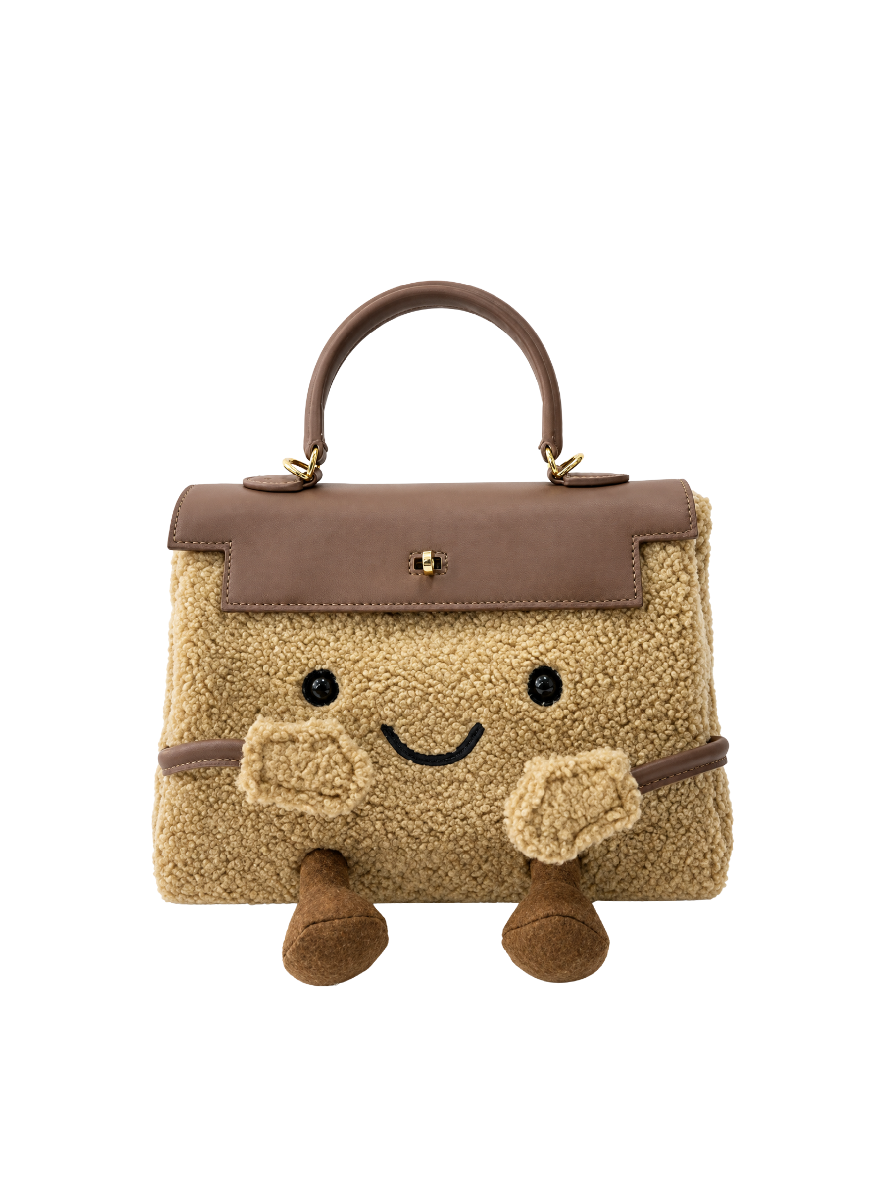 Jellykin 25 Teddy Faux Fur Calf Leather-Trim Top Handle Bag in Cookie — Front