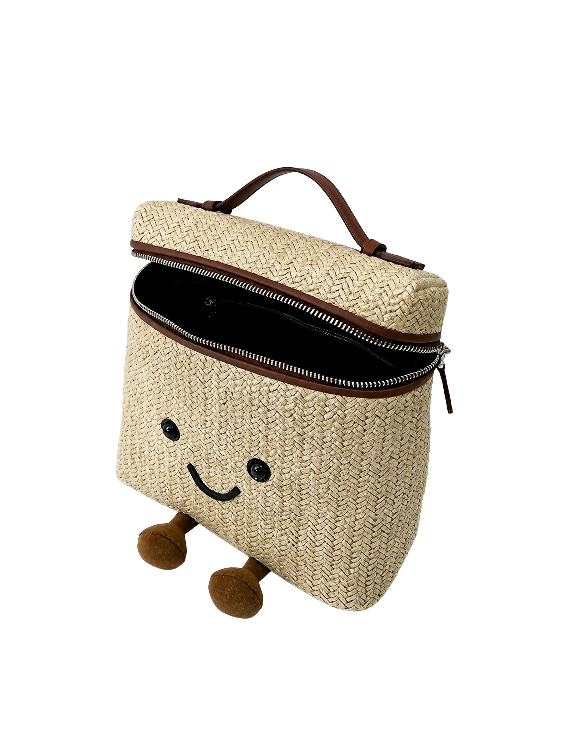 Jellykin 25 Woven Raffia Calf Leather-Trim Vanity Bag in Tahini — Inside