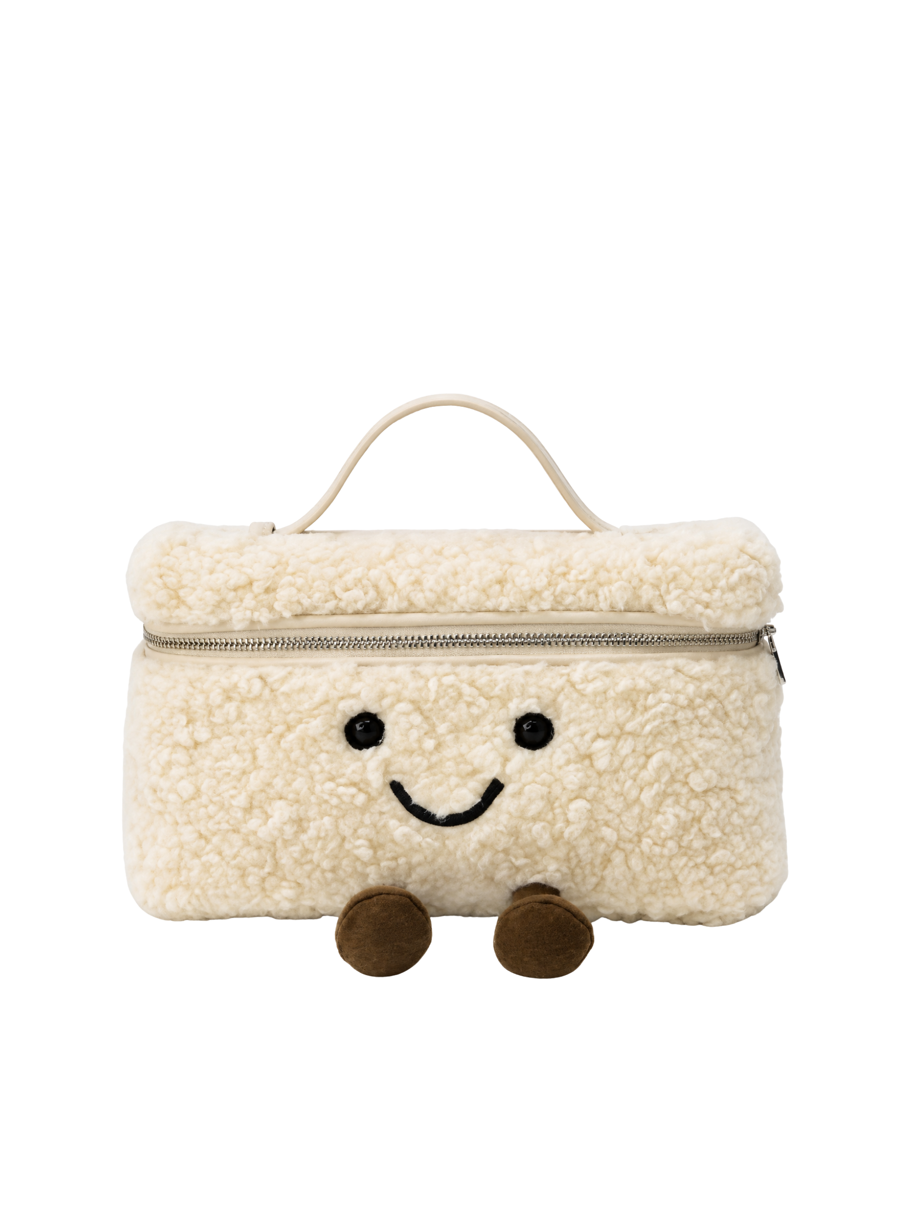 Jellykin 28 Teddy Faux Fur Calf Leather-Trim Slim Vanity Bag in Cream — Front