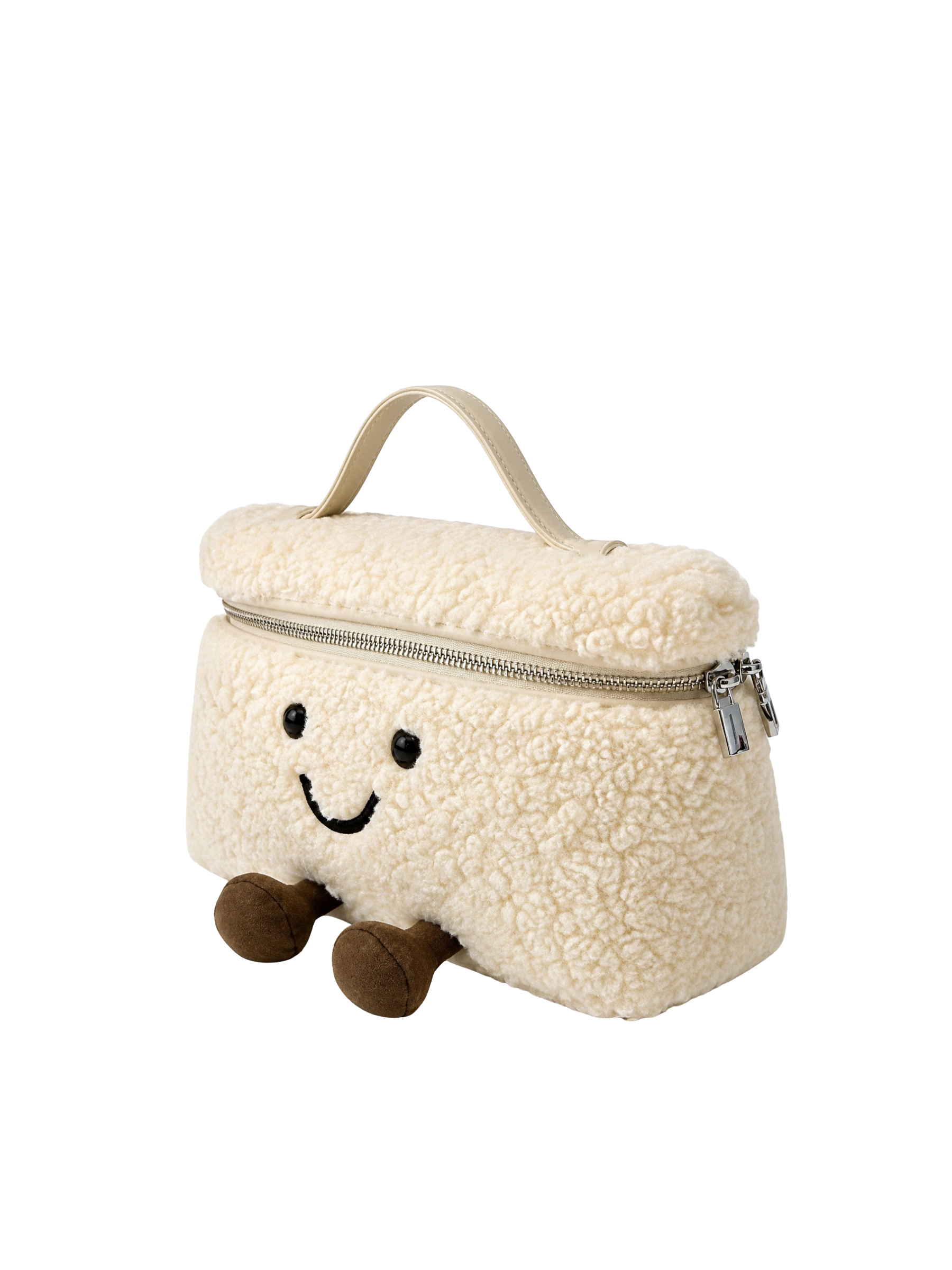 Jellykin 28 Teddy Faux Fur Calf Leather-Trim Slim Vanity Bag in Cream — Side
