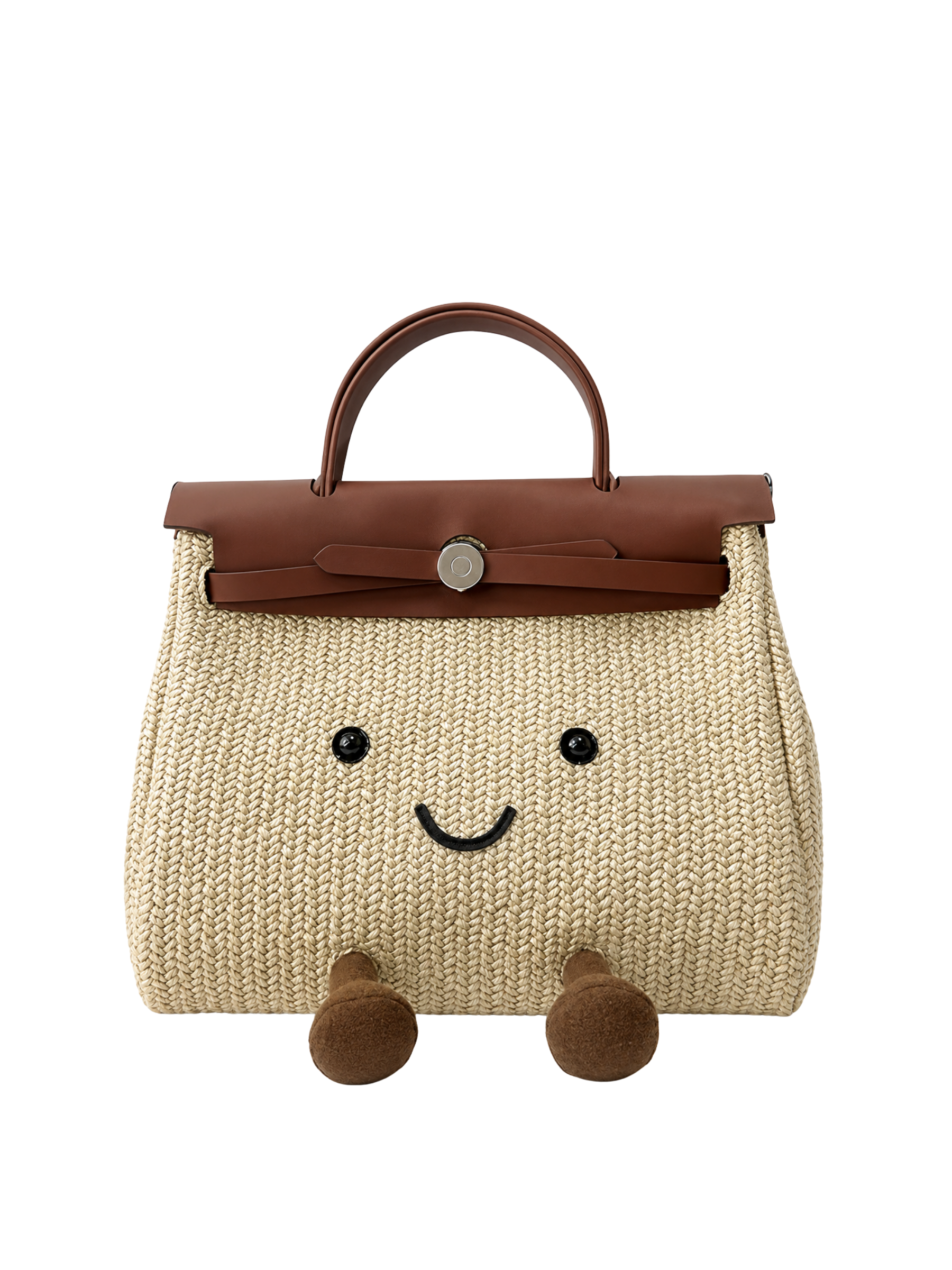 Jellykin 30 Woven Raffia Calf Leather-Trim Clutch Bag in Tahini, front view