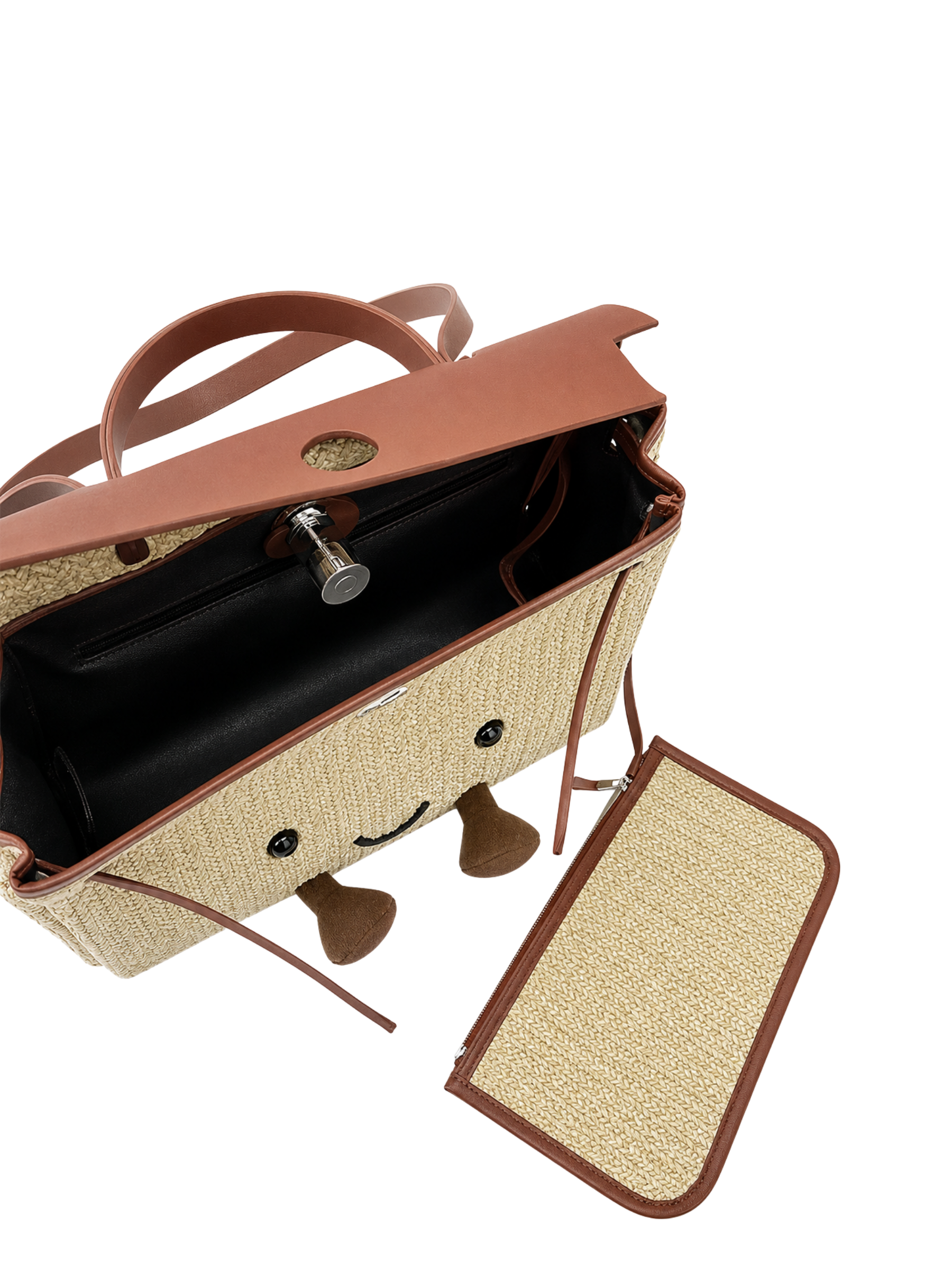 Jellykin 30 Woven Raffia Calf Leather-Trim Clutch Bag in Tahini, interior view