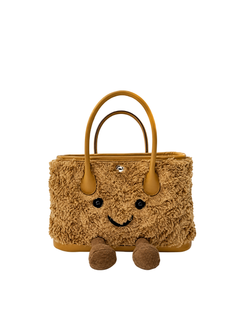 Jellykin 23 Bartholomew Bear Faux Fur Calf Leather-Trim Carryall Tote Bag in Cookie, front view