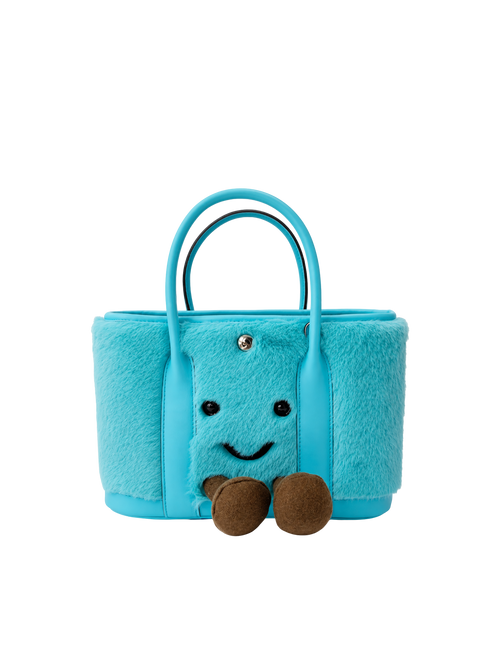 Jellykin 23 Faux Fur Calf Leather-Trim Carryall Tote Bag in Blue Slush, front view