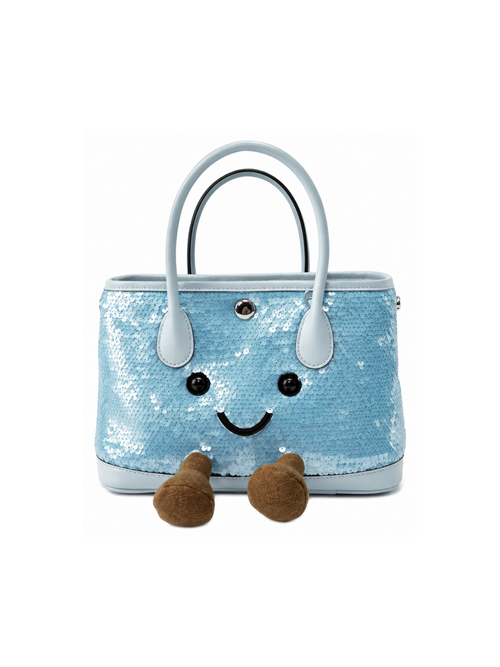 Jellykin 23 Sequin Calf Leather-Trim Carryall Tote Bag in Blue Marshmallow, front view