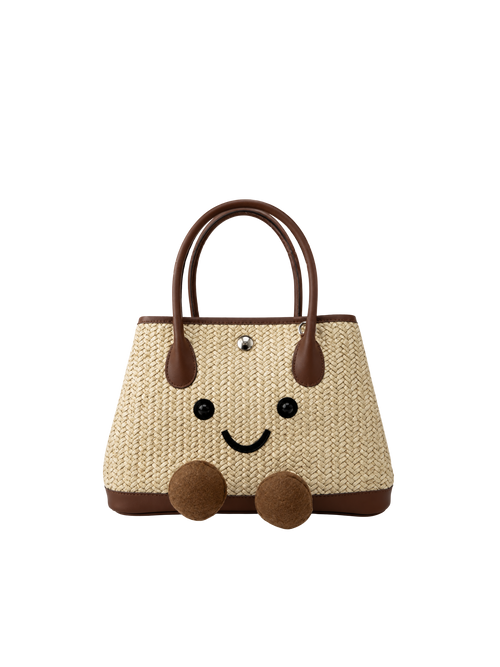 Jellykin 23 Woven Raffia Calf Leather-Trim Carryall Tote Bag in Tahini, front view
