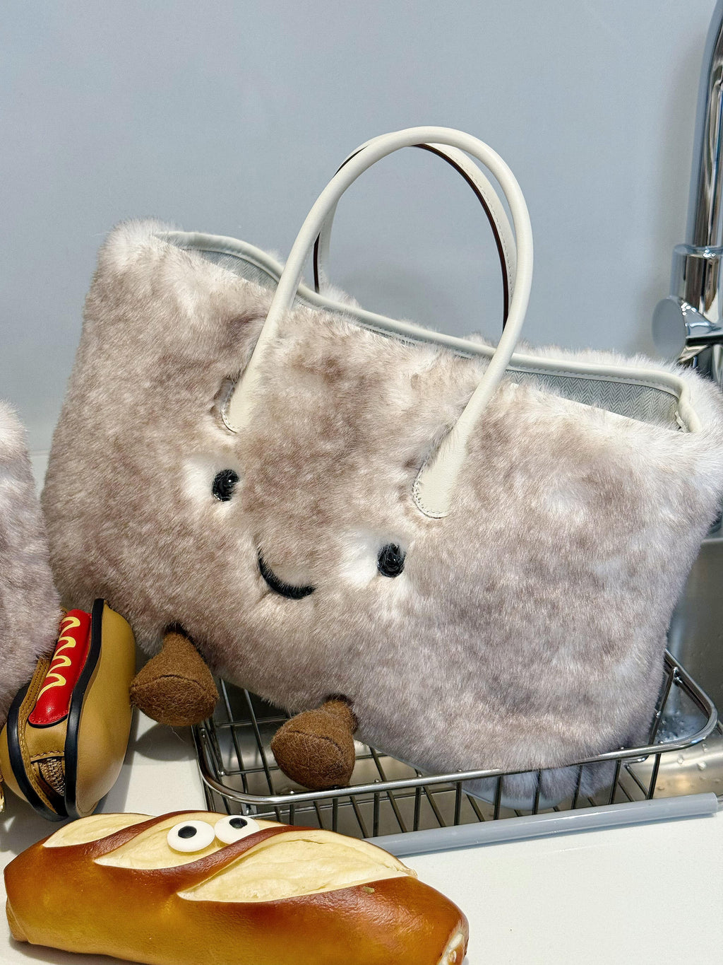 Jellykin Faux Fur Leather Trim Tote Bag