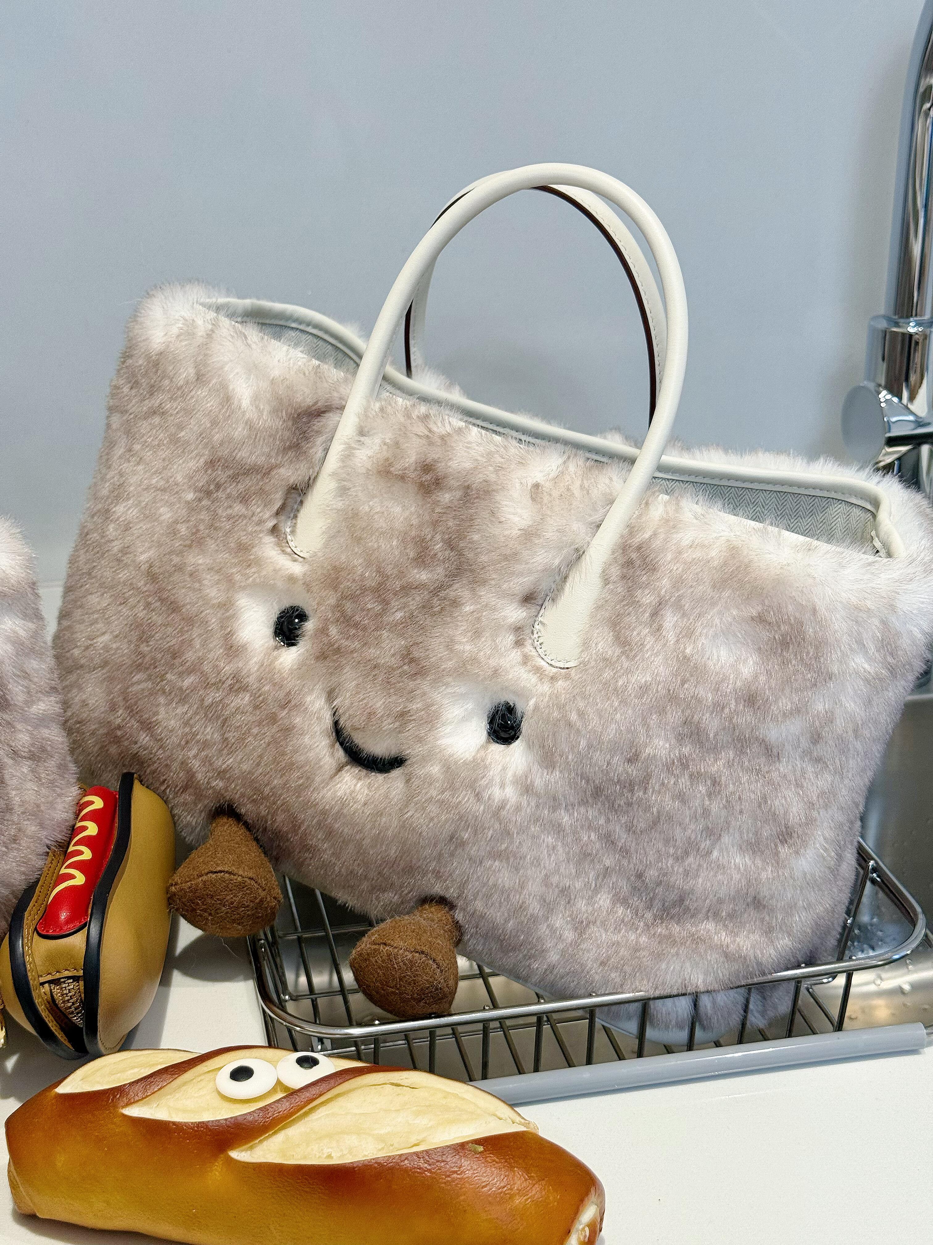 Jellykin Faux Fur Leather Trim Tote Bag